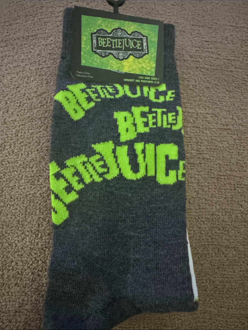 Beetlejuice Unisex Gray Crew Socks with Neon Green Logo